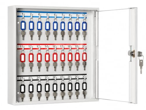 LEOMAR Schlüsselschrank, Schlüsselkasten mit 30 Haken, Schlüsselbox aus Stahlblech mit Glastüren, mit Festen Hakenleisten, Organizer zur Wandbefestigung, Abschließbar, 6 x 35 x 32 cm