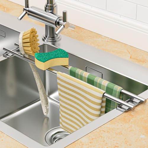 XILIMEN Escurridor de Fregadero Multifuncional, Soporte para Paños de Cocina Escalable, Organizador de Fregadero de Acero Inoxidable, Soporte para Esponjas De Cocina, Soporte de paño, Escurreplatos