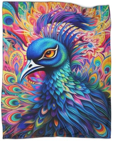 AAHARYA Flanell-3D-Kunst-Tier-Pfau-Decke, weiche Plüsch-Bettwäsche, Sofa-Couch-Überwurf, gemütliche Heimdekoration, Decken, Bürodecke, Nickerchen, 100 x 130 cm