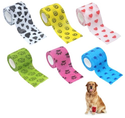 6 Rolls Vet Wrap Cohesive Bandages, 2.5 cm x 4.5 M Elastic Comfy Gauze Bandanas, Pet Wound No Woven Elastic Cohesive Tapes,Self-Cohesive Cover Wraps for Cat Dog Canine Care Wounds Dressings Adhesive