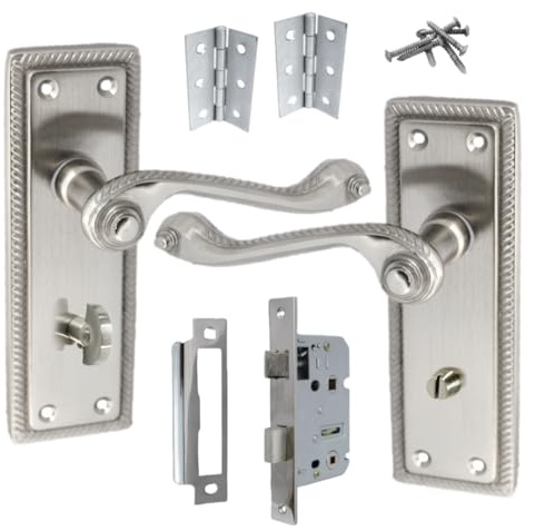 Georgian Door Handle Satin, Bathroom WC Toilet Door Handles, Bathroom Mortice Lock 3 Hinges 150mm x 48mm Backplate, Interior Wooden Doors