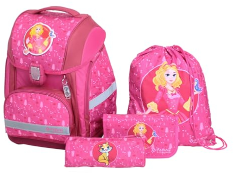 FaBAG 78084-052 - 5-teiliges Schulranzen-Set Princess/Cat mit Turnbeutel, Federmappe, Schlamperrolle und individuellen Patches, leicht und ergonomisch, ca. 22 l Volumen