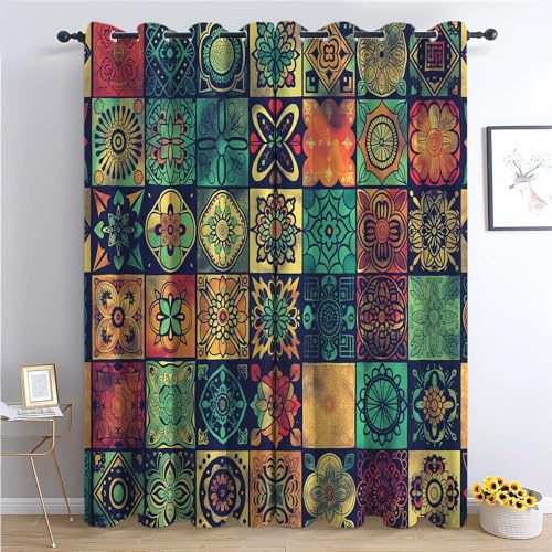 Gardinen Spleißen traditionell indisch Drucke 2 Stück Verdunklungsvorhänge Mit Ösen Vorhänge Blickdicht Kälte- Und Wärmeisolierung H230xB117cm Mandala und Bohemian-Stil Vorhang Schlafzimmer Vorhänge