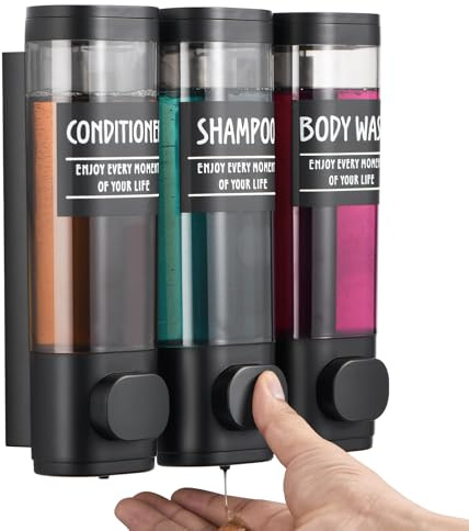 Shampoo and Conditioner Dispenser,GlintGath Shower Dispenser 3 Chamber No Drill Shampoo Dispenser for Shower Wall Mounted Shower Soap Dispenser for Bathroom Hotel,3 * 300ML,Matte Black