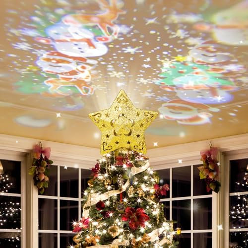 Weihnachtsbaum Topper Dekorationen - 3D Silber Glittered für Weihnachtsdekoration Schneeflocke Licht Baum Topper mit LED rotierenden Projektor für Urlaub Baumdekoration(Multicolor-Star)