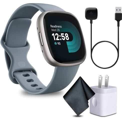 Fitbit Versa 4 Fitness Smartwatch with Daily Readiness, GPS, 24/7 Heart Rate, 40+ Exercise Modes, Fit Bit Smart Watch for Men and Women, Waterfall Blue/Platinum Bundle with Cleaning Cloth and Charger
