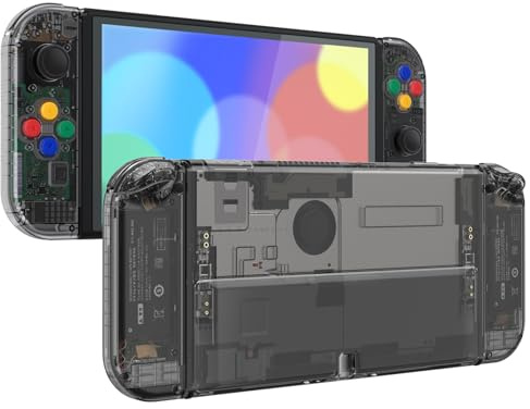eXtremeRate DIY Full Set Shell Buttons for Nintendo Switch OLED, Crystal Clear Black Replacement Console Back Plate & Kickstand Custom Case Housing for Nintendo Switch OLED JoyCon - No Controller