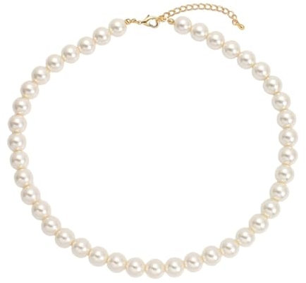 Skcess Damen Schmuck, Kupfer & Vergoldet Necklace Women 10mm Perle Weiß Halsketten mit Anhänger 43+5cm