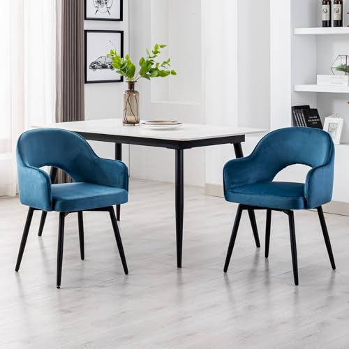 Ya-Home Esszimmerstühle 2er Set, Drehbare Küchenstühle mit Armlehne Samt Polsterstuhl Metallbeine für Esszimmer/Restaurant/Wohnzimmer, Blau
