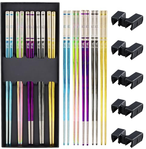 Wisebom 5 ParesPalillos Acero Inoxidable Reutilizables, Set de Regalo de Palillos con Bisagras Conector para Cocina Lavavajillas