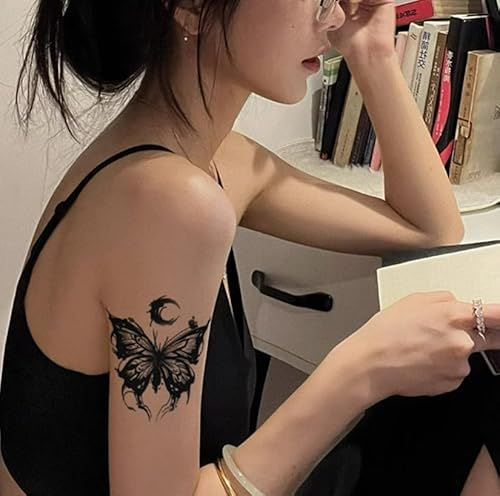 Temporary Tattoos Stickers Fake Tattoos 2Pcs Crescent Moon Ancient Style Anti-Rub Washable Non-Reflective Ink Painting Butterfly Herbal Juice Semi-Permanent Lasting 2 Weeks Men And Women