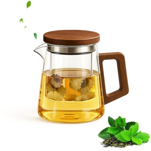 OndaCore Teekanne Glas 800ml, mit Siebeinsatz und Holzdeckel, für losen Tee, Teebeutel und Blumentee, Hochborosilikat-Teekanne mit Filter, groß tropffrei