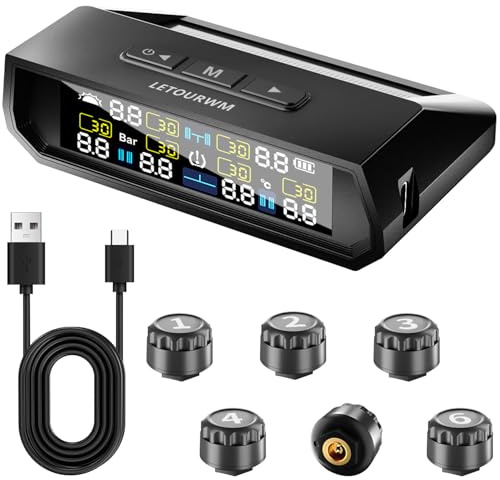 RV Tire Pressure Monitoring System -TPMS 2026 Upgrade Tire Pressure Monitor with 6 Sensors,Solar Charge & USB Type-C Color LCD Display, 0-9.9BAR/144PSI Range, 6 Alarm Modes for RV/Trailer/Truck IP68