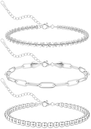 JeweBella 3 st armband kvinnor silver justerbar stapelbar silver 925 karbinhake armband set pärlor paperclip cuban twist ormar armband damarmband för flickor kvinnor
