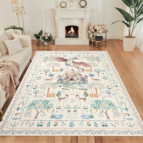 TUKDAK Drache Teppich Wohnzimmer rutschfest 160x230cm, Beige Waschbarer Teppich Schlafzimmer, Boho Tier Kurzflor Bettvorleger Teppiche Gegend, Fantasy Wald Teppichen für Kinderzimmer Büro Esszimmer