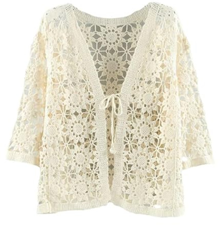 Cárdigan Tipo Bolero De Encaje con Mangas 3/4 para Mujer, Cárdigan Corto Transparente De Crochet, Chaqueta con Lazo Frontal, Blusa Elegante para Cubrir Vestidos De Noche Informales, Color Beige, T