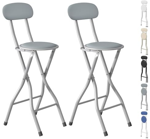 mcc direct Folding Bar Stools Set of 2, Breakfast Barstool Kitchen Restaurant Seating, Faux Leather Foldable Chairs with Metal Frame, Padded High Chairs(Gray)