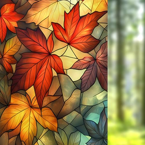 Nuxovilar Stained Glass Autumn Maple Leaf Window Film, 16.9×39.4inch, Red Maple Leaf Pattern Static Cling for Home & Decor (Sparkle)