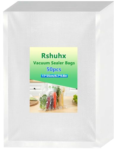Rshuhx Sacchetti Sottovuoto per Alimenti Piccoli 17x25cm 50 Buste Sottovuoto 200µm Senza BPA per Adatto Macchine Sottovuoto Alimenti Cucina per Confezione Verdure Frutta Carne Salmone Noce