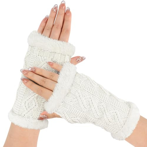 Geoxury Womens Fingerless Gloves - Women Knitted Arm Warmers with Thumb Hole, Winter Warm Crochet Hand Mittens Fluffy Lined Wrist Warmers Gloves for Women Cold Weather