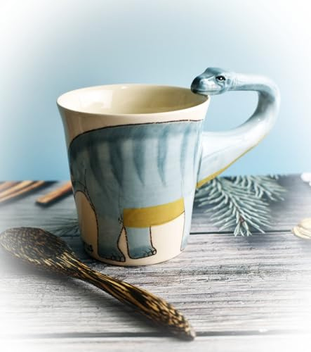Dinosaur 3D Handle Coffee Mug, Unique Novelty Tea Cup for Dino Lovers, Gift for Kids & Adults, Birthday, Christmas, For Him-Her, Office Mug and Home Decor (Apatosaurus)