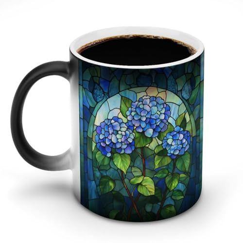 Jubonexis Stained Glass Hydrangea Flowers Color Changing Mugs Heat Changing Ceramic Coffee Mug Novelty Funny Tea Water Cup 11OZ