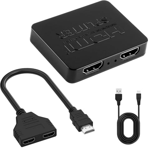 HDMI Splitter 1 in 2 Out, 4K@30HZ 3D Hdmi Splitter for Dual Monitors, Audio Synchronization with Femal 1 to 2 Way HDMI Splitter Adapter Cable for MacBook, HDTV, Computer, PS4