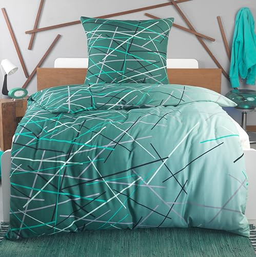 BaSaTex Bettwäsche Set, 2-TLG., 135x200 cm 80x80 cm, Stripes Grün | Öko_Tex Zertifiziert, 100% Mikrofaser, Allergiker geeignet, Atmungsaktiv, Temperaturausgleichend