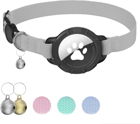 NozlaID AirTag Katzenhalsband, Dehnbares Halsband Katze mit Glocke | Katzen Tracker Halsband mit Apple Airtag Hülle, Langlebig und Passend für Kätzchen, Katzen und Welpen (Grau)