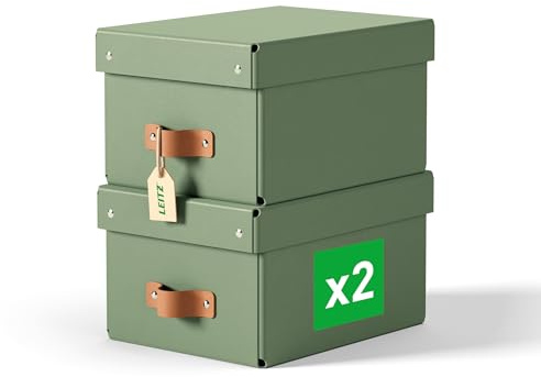 Leitz Puro Aufbewahrungsbox mit Deckel, Klein, 2er-Set, stapelbar, 7 L, Organizer-Box für Regale und Schränke, aus FSC-Karton, für Büro und Home Office, 20 x 26 x 15 cm, Grün, 61470050