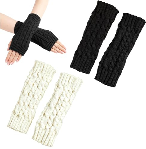 2 Paar Handstulpen,Pulswärmer Damen,Fingerlose Handschuhe Damen,Handschuhe Ohne Finger,Arm Warmers,Weicher Gestrickte Handschuhe mit Daumenloch,Fingerless Gloves,Strickhandschuhe (Schwarz+Weiß)