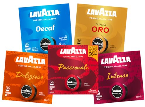Lavazza, A Modo Mio, Assortiment de Capsules de Café, 100% Arabica, Intensité 6 à 13, 180 capsules AMM, Passionale, Intenso, Delizioso, Dek, Oro