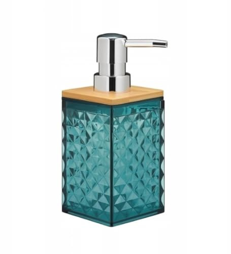 Eleganter Saphir Seifenspender, splitterfrei durch Kunststoff (wichtig bei Kinderhaushalt), Türkis mit drehbarer Holzabdeckung für schönere Optik, Geometrisches Kristallmuster, 300ml