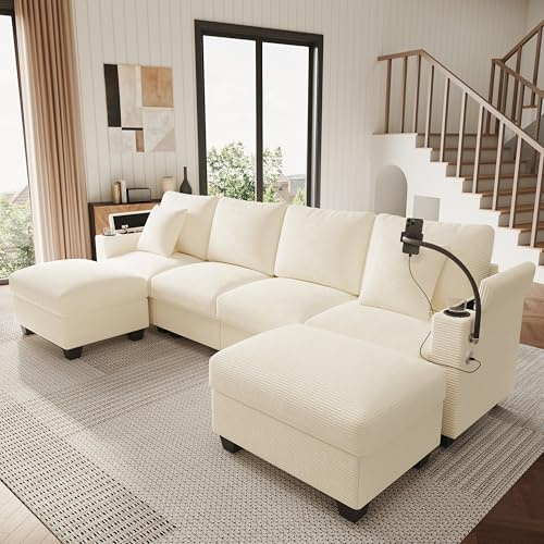 BTM 5 Sitzer Big Modulares Cordsofa U Form mit Schlaffunktion, Ecksofa mit Handyhalter, Wohnzimmer Eckcouch Beige