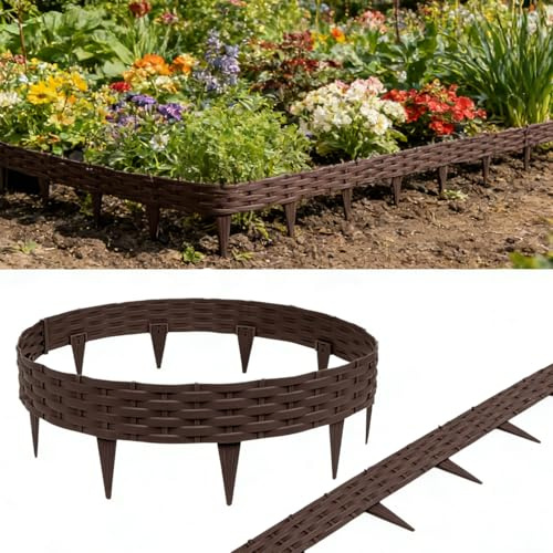 Ferzone 5M Rattanoptik Rasenkante, Beetumrandung Schimmelresistent, Beeteinfassung UV Schutz 100x20cm, Rattan Rasenkante Einfach Einschlagen, Beetumrandung Mähkante, Palisade Gartenzaun, Braun