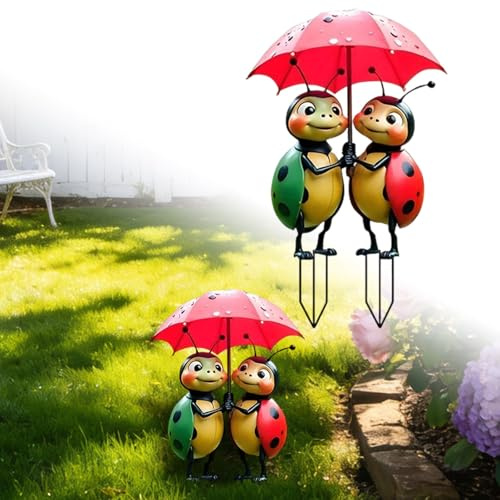 Marienkäfer Gartendeko Rost Gartenstecker, 2D Acrylic Gartenfigur Dekostecker zum Stecken Roststecker Edelrost Rostiger Beetstecker Rost Deko für Garten Terrasse Balkon Deko (Rot)