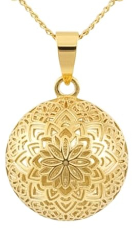 Bola de grossesse fleur de vie - Bola grossesse fleur - Collier bola grossesse or doré 18 carats et chaine bola en acier inoxydable maille satellite - Bola grossesse mandala or - Cadeau femme enceinte