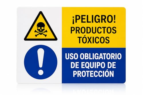 Becral® Panneau combiné Danger! Produits toxiques + utilisation obligatoire d'équipements de protection 300 x 200 mm | Adhésif en vinyle sécurité au travail PRL
