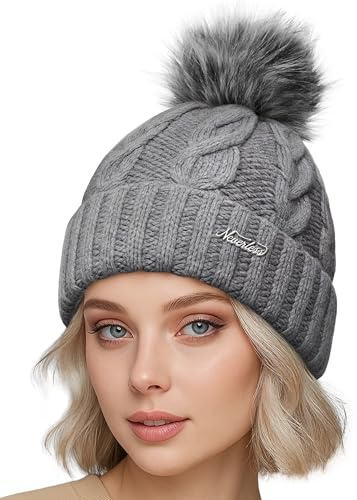 Neverless® Damen Strickmütze mit Fleecefutter und Kunstfell Bommel Zopfmuster Grobstrick Wintermütze Bommelmütze Model 2207