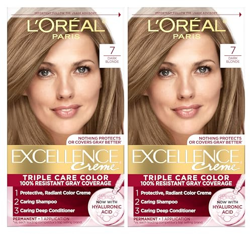 L'Oreal Paris Excellence Crème Permanent Hair Dye, Triple Care Hair Color with Hyaluronic Acid for 100% Gray Coverage, 7 Dark Blonde, 1 Kit (Pack of 2) (Packaging May Vary)