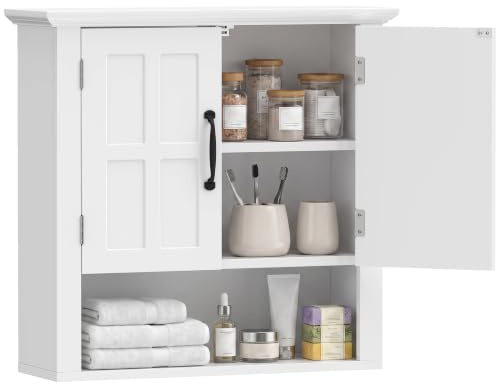 HOMCOM Armoire Haute Murale de Salle de Bain ou WC 60Lx20lx58H cm Blanc | Placard 2 Portes, 2 Étagères, Niche, MDF, Panneaux Particules, Meubles de Salle de Bain
