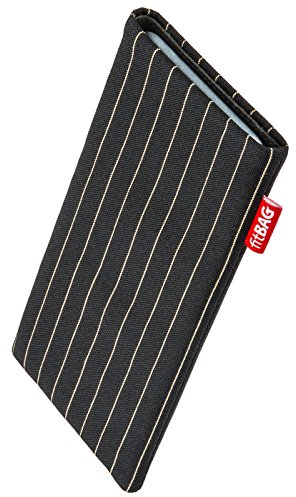 fitBAG Twist Schwarz Handytasche Tasche aus Nadelstreifen-Stoff mit Microfaserinnenfutter für Lenovo Phablet Tab V7 | Hülle mit Reinigungsfunktion | Made in Germany