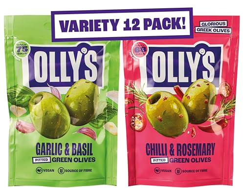 Olly’s Olives – Olive Verdi Denocciolate in Sacchetto Aromatizzate – 12 Confezioni da 50g in 3 Gusti Assortiti