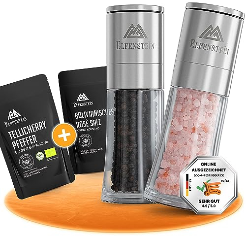 ELFENSTEIN Salz und Pfeffermühle [inkl. Gourmet-Gewürze] 2er Set mit Keramikmahlwerk - stufenlos einstellbar, Edles Gewürzmühlen-Set mit BIO Tellicherry Pfeffer und bolivianisches Rosé Salz