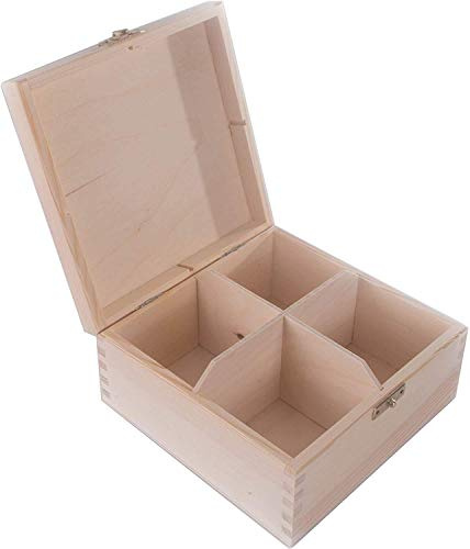 Caja Cuadrada de Madera con 4 Secciones y Cierre | 6.4 x 6.3 x 8 cm | Accesorios de Almacenamiento Bolsa de té, Organizador de Joyas, Compartimentos divididos | Madera Decorativa Natural sin Pintar