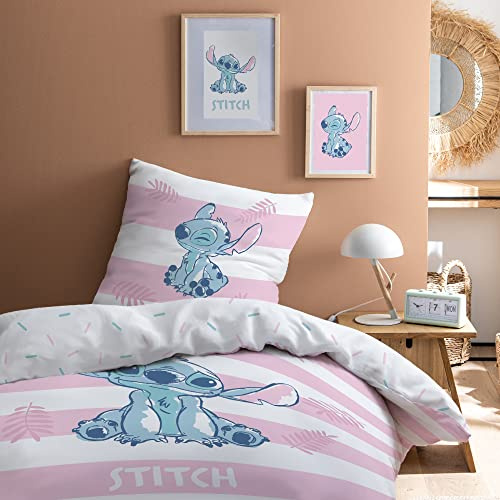 Disney Stitch Stripe Parure de Lit Enfant | 100% Coton | OEKO-TEX | Housse de couette 140x200cm + Taie d'oreiller 63x63cm | Imprimé Fille | Rose, Blanc | Housse de Couette 140x200 cm + 1 taie 63x63 cm | Fermeture avec rabat | Chambre enfant, lit 1 place | Certification Oeko-Tex