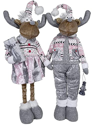 Christmas Paradise XL Weihnachts-Elch 52cm ausziehbar (80cm) im 2er Set Teleskopbeine Rentier Silber-rosa