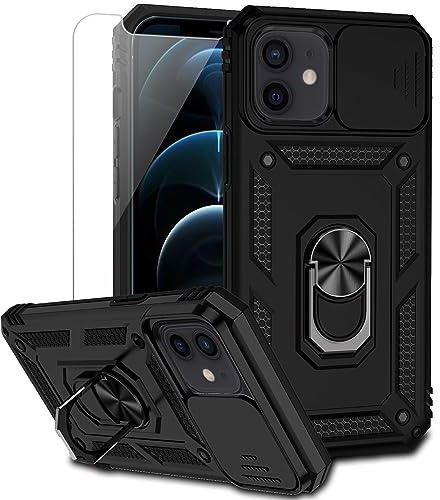 for iPhone 12 Mini Case with Camera Lens Cover HD Screen Protector, Dual Layer Military Grade Drop Protection Magnetic Ring Holder Kickstand Protective Phone Case for iPhone 12 Mini 5.4 inch (Black)