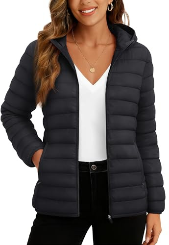 TACVASEN Womens Puffer Jackets Lightweight Packable Quilted Jacket Pockets Hooded Long Sleeve Full-zip Padded Coat Winter,Black L