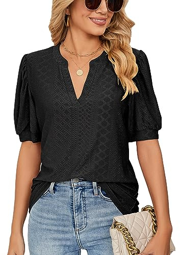 Neteson Chemise Femme Chic et Élégant Col en V Blouse Manches Courtes Bouffantes Tunique Été Casual Tops Amples